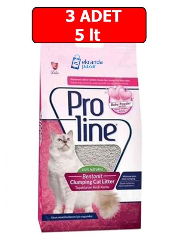 Proline pudralı bentonit 3adet 5lt kedi kumu bebek pudralı topaklanan ince taneli kedi kumu ürün görseli 1