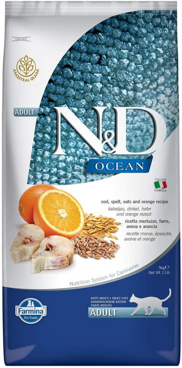 ND ocean ancestral grain adult kedi 5kg düşük tahıllı morina balığı kılçıksız buğday yulaf portakal