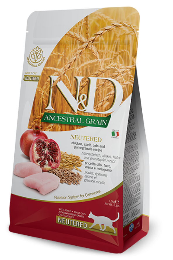 Nd ancestral grain kısırlaştırılmış kedi maması az tahıllı tavuk kılçıksız buğday yulaflar nar 1,5kg