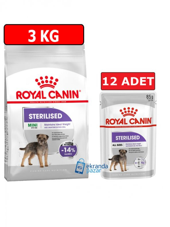 Royal canin mini sterilised köpek ikili paket 3kg kuru mama-12 adet 85gr pouch kısır köpek maması ürün görseli