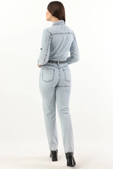 Kadın Etnik Desenli Kemerli Jean Tulum Açık Mavi - 5