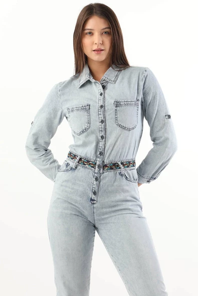 Kadın Etnik Desenli Kemerli Jean Tulum Açık Mavi - 3