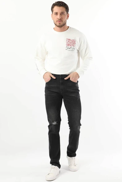 Erkek Dizi Yırtık Jean Pantolon Siyah - Resim 2