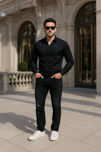 Erkek Dizi Yırtık Jean Pantolon Siyah ürün görseli 1