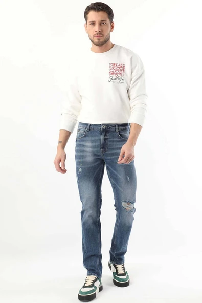 Erkek Dizi Yırtık Boyalı Jean Pantolon Mavi - 2