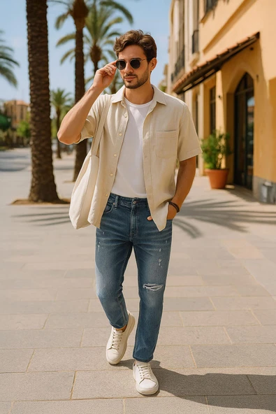 Erkek Dizi Yırtık Boyalı Jean Pantolon Mavi ürün görseli 1