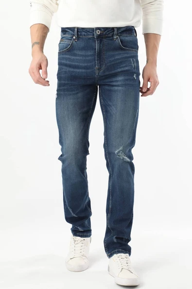 Erkek Dizi Yırtık Jean Pantolon Koyu Mavi - 5