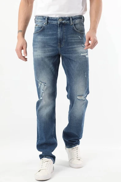 Erkek Yırtık Detaylı Jean Pantolon Mavi - 5