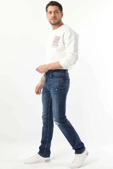 Erkek Dizi Yırtık Jean Pantolon Koyu Mavi - 3