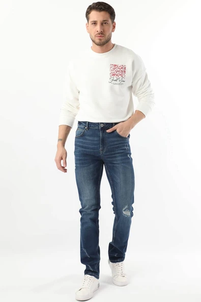 Erkek Dizi Yırtık Jean Pantolon Koyu Mavi - 2