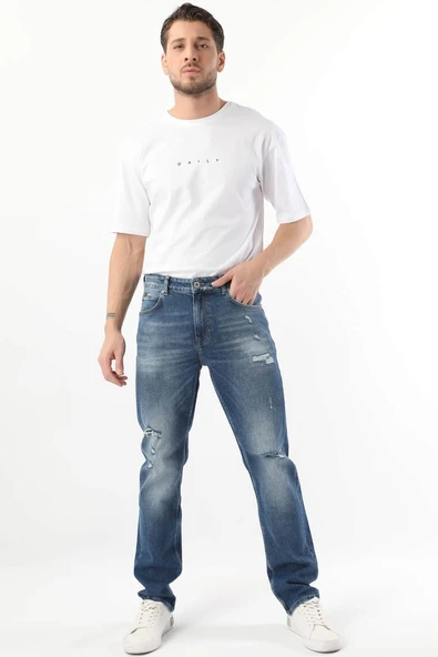 Erkek Yırtık Detaylı Jean Pantolon Mavi - 3