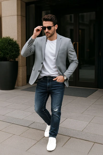 Erkek Dizi Yırtık Jean Pantolon Koyu Mavi