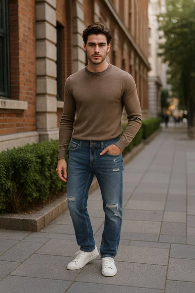 Erkek Yırtık Detaylı Jean Pantolon Mavi