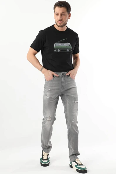 Erkek Dizi Yırtık Jean Pantolon Gri - 2