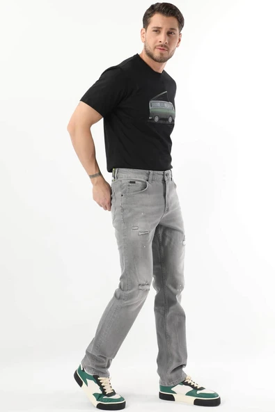 Erkek Dizi Yırtık Jean Pantolon Gri - 4