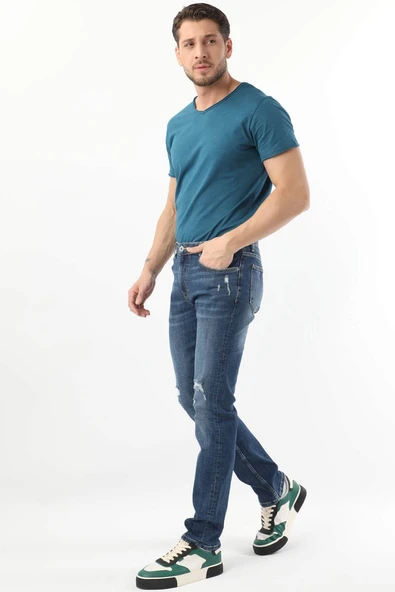 Erkek Dizi Yırtık Jean Pantolon  Mavi - Resim 3