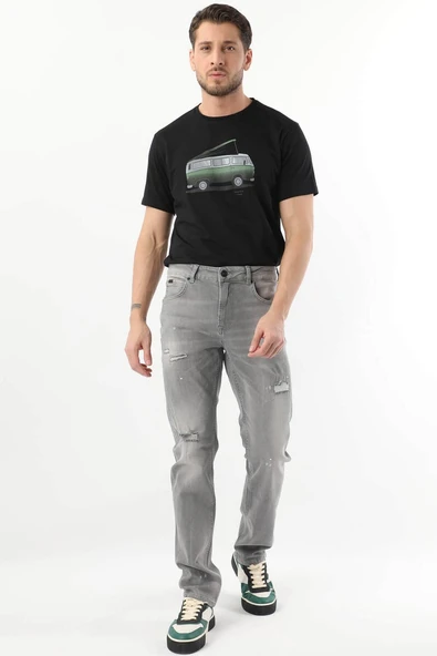 Erkek Dizi Yırtık Jean Pantolon Gri - 3