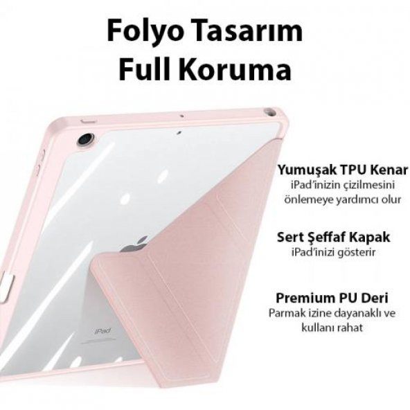 Coofbe Kalem Yerli Standlı Uyku Modlu Sert Şeffaf Arka Kapak  iPad 10.9 2022 Kılıf Kapaklı Tablet Kılıfı - 10
