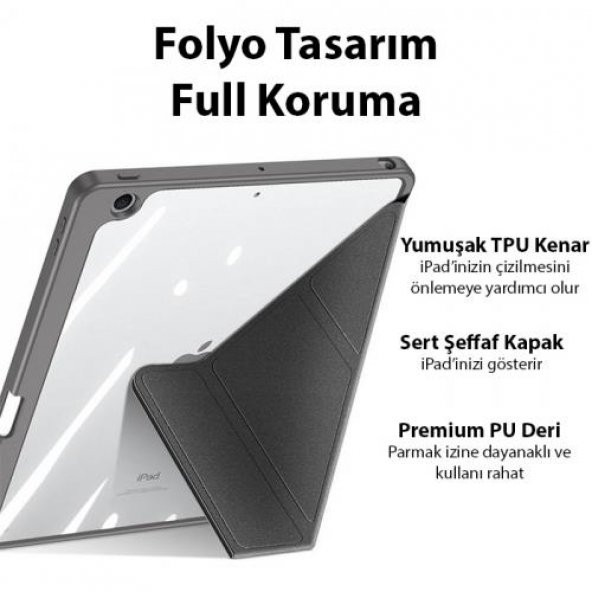 Coofbe Kalem Yerli Standlı Uyku Modlu Sert Şeffaf Arka Kapak  iPad 10.9 2022 Kılıf Kapaklı Tablet Kılıfı - 12