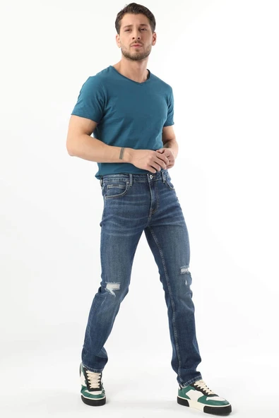 Erkek Dizi Yırtık Jean Pantolon  Mavi - Resim 2
