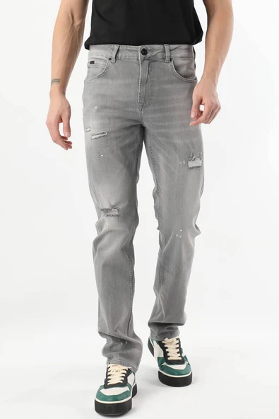 Erkek Dizi Yırtık Jean Pantolon Gri - 6