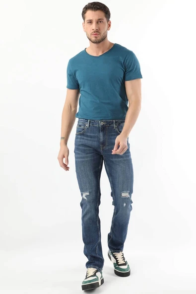 Erkek Dizi Yırtık Jean Pantolon  Mavi - Resim 4