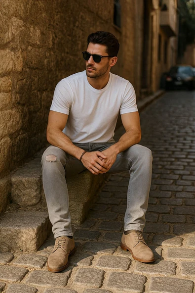 Erkek Dizi Yırtık Jean Pantolon Gri