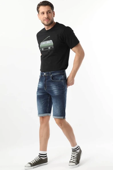 Erkek Yıkamalı Jean Şort Lacivert - 4