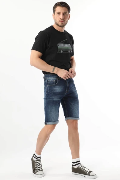 Erkek Yıkamalı Jean Şort Lacivert - 3