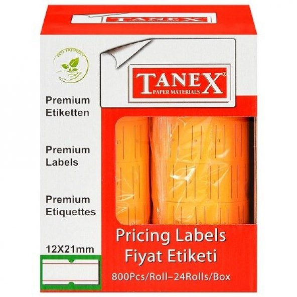 TANEX MOTEX ETİKET 12X21 FLORASAN TURUNCU 800 LÜ - (24 Adet)