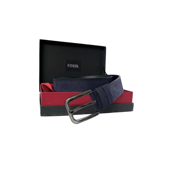 Fossil Lacivert Rengi Hakiki Deri  4 cm Erkek Kemeri -130 Cm