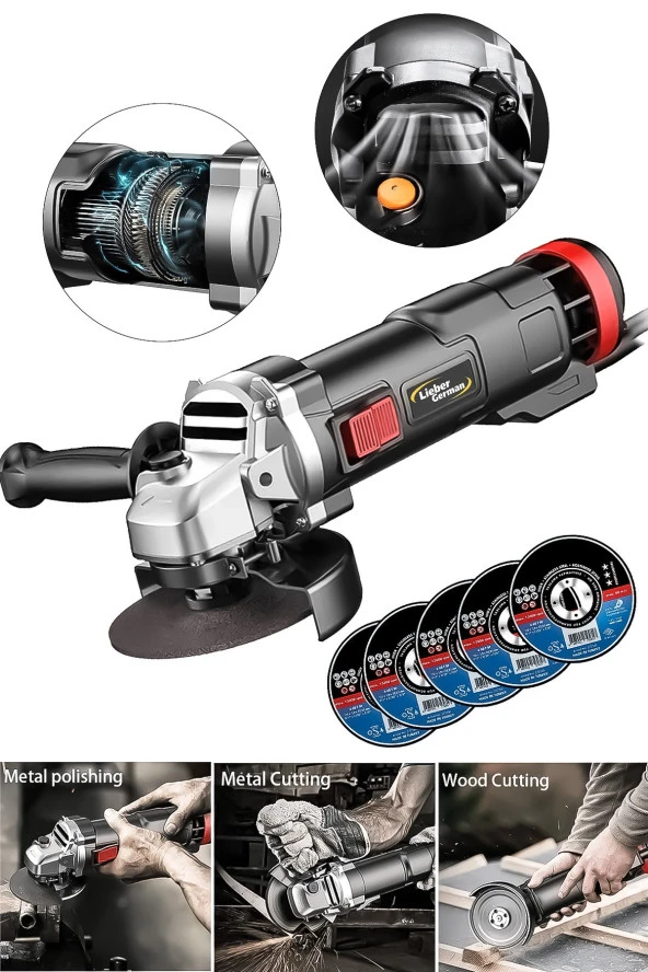 Lieber German 1500 Watt Bakır Sargı Çelik Dişli 5 taşlı 115 Mm Avuç İçi Taşlama Spiral Makinesi