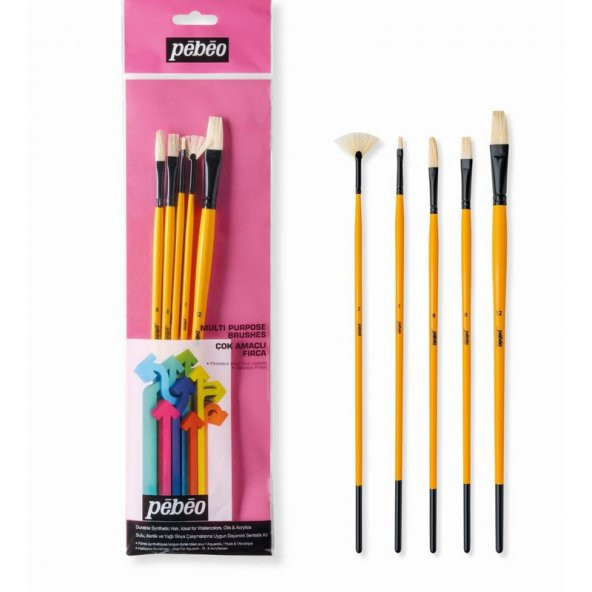 Pebeo 5li Uzun Sap Fırça Seti Beyaz Bristle Kıl (No: 2, 6, 8, 12 + Yelpaze Fırça No:2) SET-12
