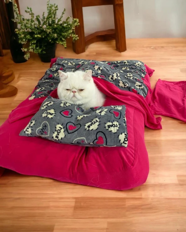Pink Love Kedi Minderi Uyku Takımı Minder Yastık Örtü Set