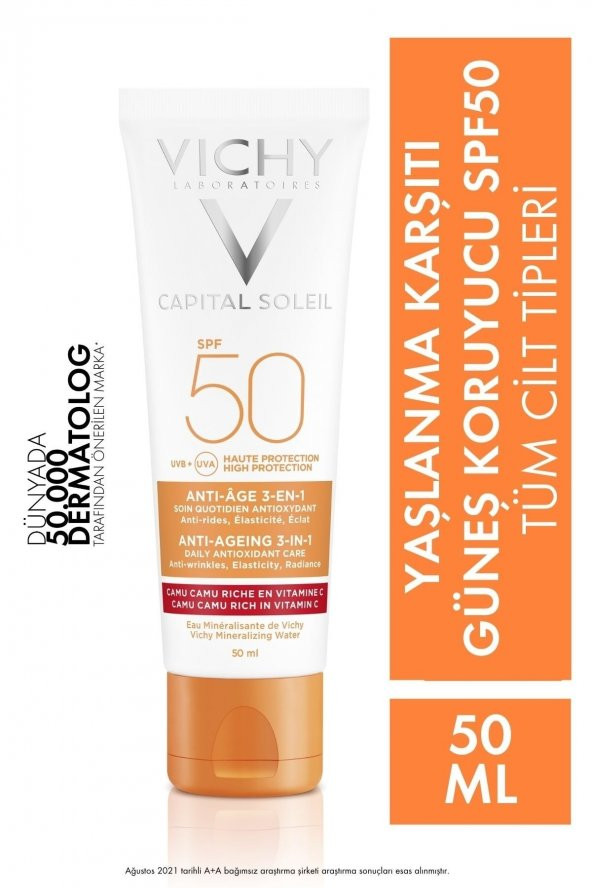 VICHY Capital Soleil Spf50+ Kırışıklık Karşıtı Yüksek Korumalı Yüz Güneş Kremi 50ml 3337875585231