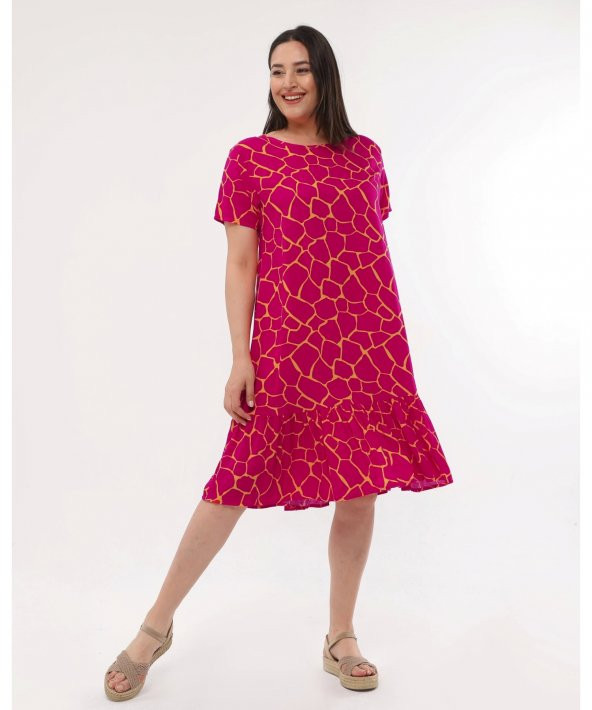 Bisiklet Yaka Viskon Fusya Renk Elbise