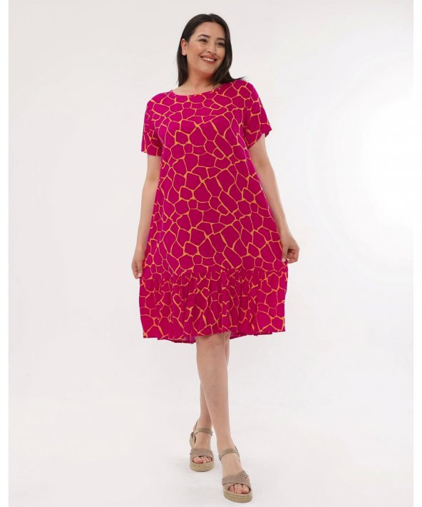 Bisiklet Yaka Viskon Fusya Renk Elbise - 2