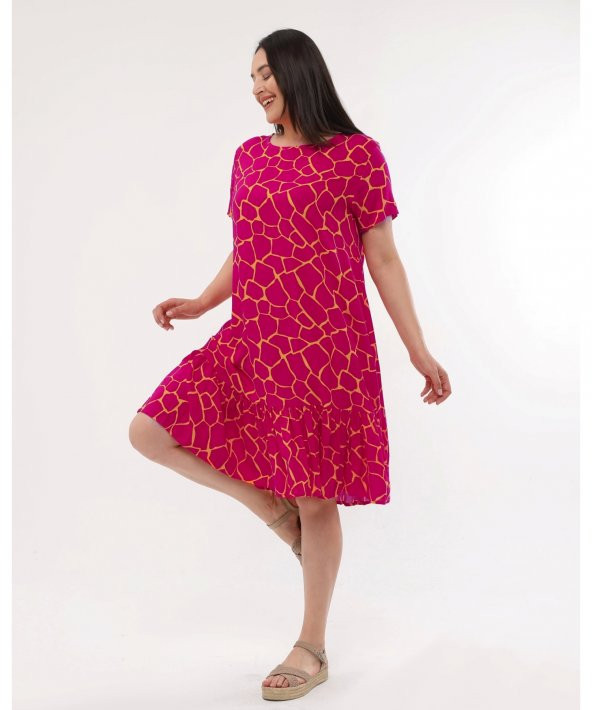Bisiklet Yaka Viskon Fusya Renk Elbise - 3