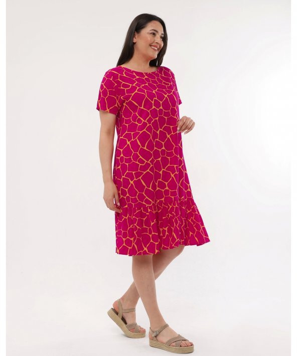 Bisiklet Yaka Viskon Fusya Renk Elbise - 4