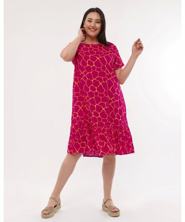 Bisiklet Yaka Viskon Fusya Renk Elbise - 5