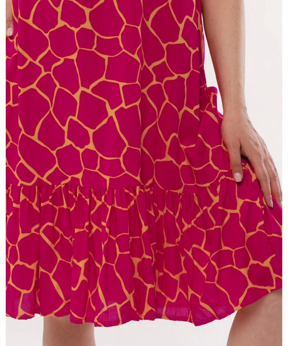 Bisiklet Yaka Viskon Fusya Renk Elbise - 7