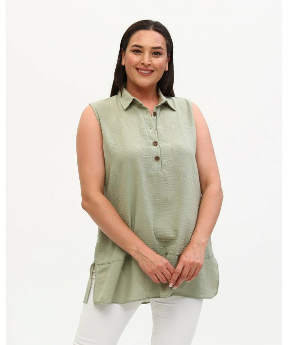 Gömlek Yaka Yakası Düğmeli Aerobin Keten Çağla Yeşili Sıfır Kol Bluz - 3