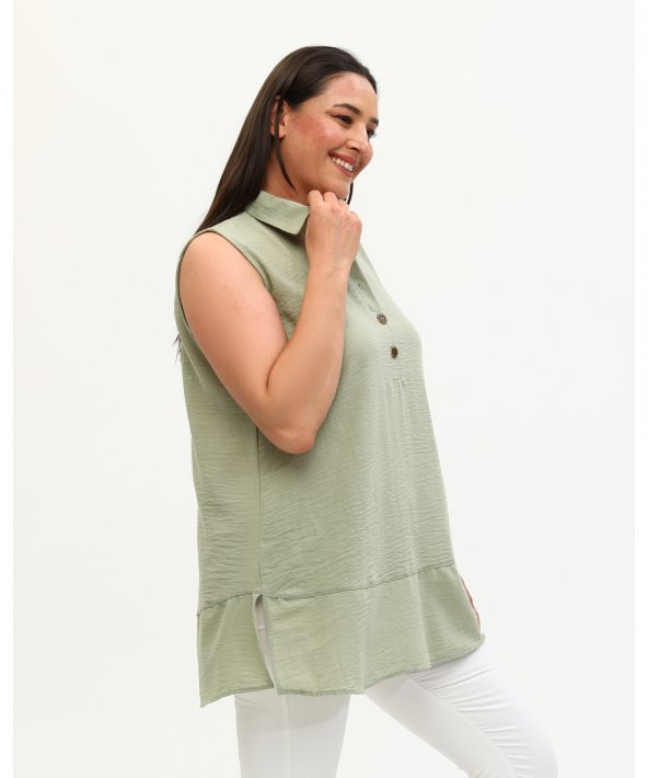 Gömlek Yaka Yakası Düğmeli Aerobin Keten Çağla Yeşili Sıfır Kol Bluz - 4