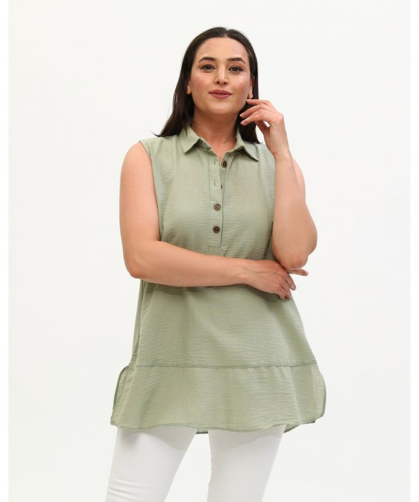 Gömlek Yaka Yakası Düğmeli Aerobin Keten Çağla Yeşili Sıfır Kol Bluz - 5