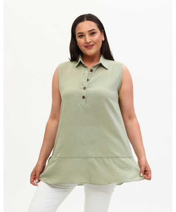 Gömlek Yaka Yakası Düğmeli Aerobin Keten Çağla Yeşili Sıfır Kol Bluz - 8