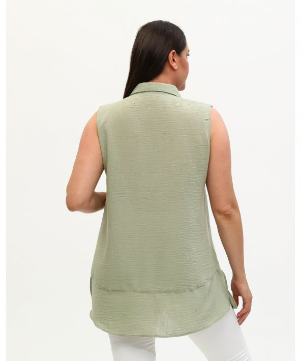 Gömlek Yaka Yakası Düğmeli Aerobin Keten Çağla Yeşili Sıfır Kol Bluz - 9