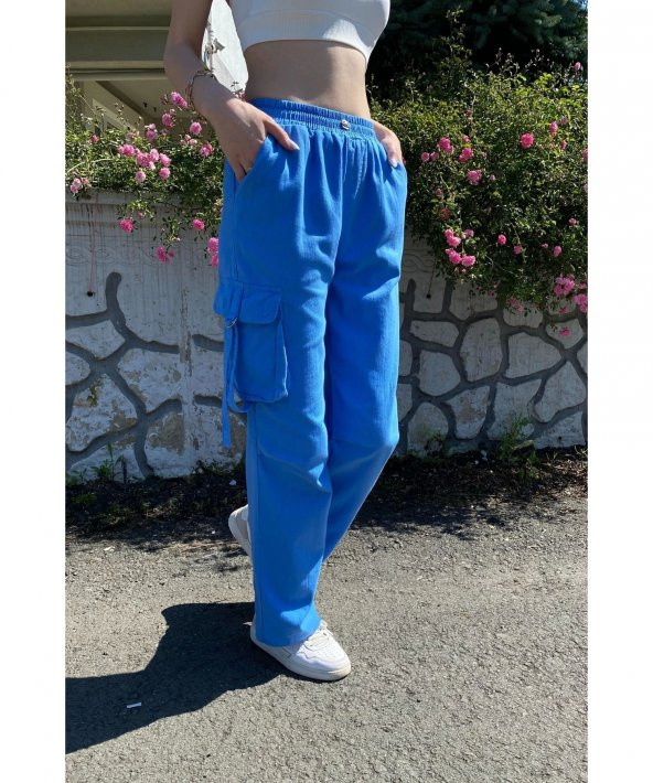 Kargo Cepli Palazzo Model Keten İndigo Mavi Pantolon - 4