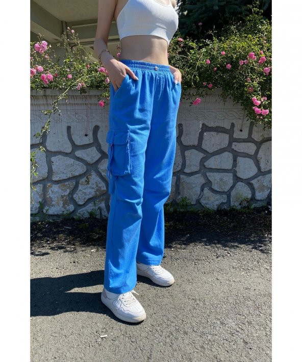 Kargo Cepli Palazzo Model Keten İndigo Mavi Pantolon - 5