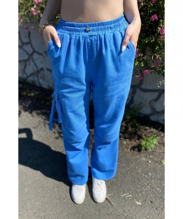 Kargo Cepli Palazzo Model Keten İndigo Mavi Pantolon - 6