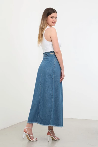 Kadın Yüksek Bel Uzun Jean Etek Mavi - 4